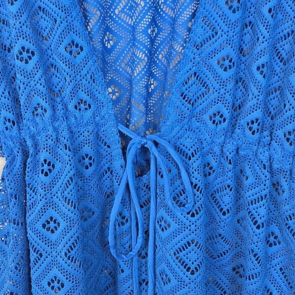 Wave Zone Blue Crochet Tie Waist V-Neck Beach Swimsuit Coverup Plus Size 1X - Picture 3 of 7
